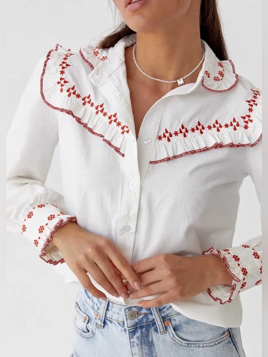 Polo Ralph Lauren Tops - Polo Ralph Lauren Western Floral Embroidered Button-Down Shirt Red White Cotton